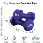 Two purple 2 kg neoprene dumbbells with product dimensions and features on a white background.