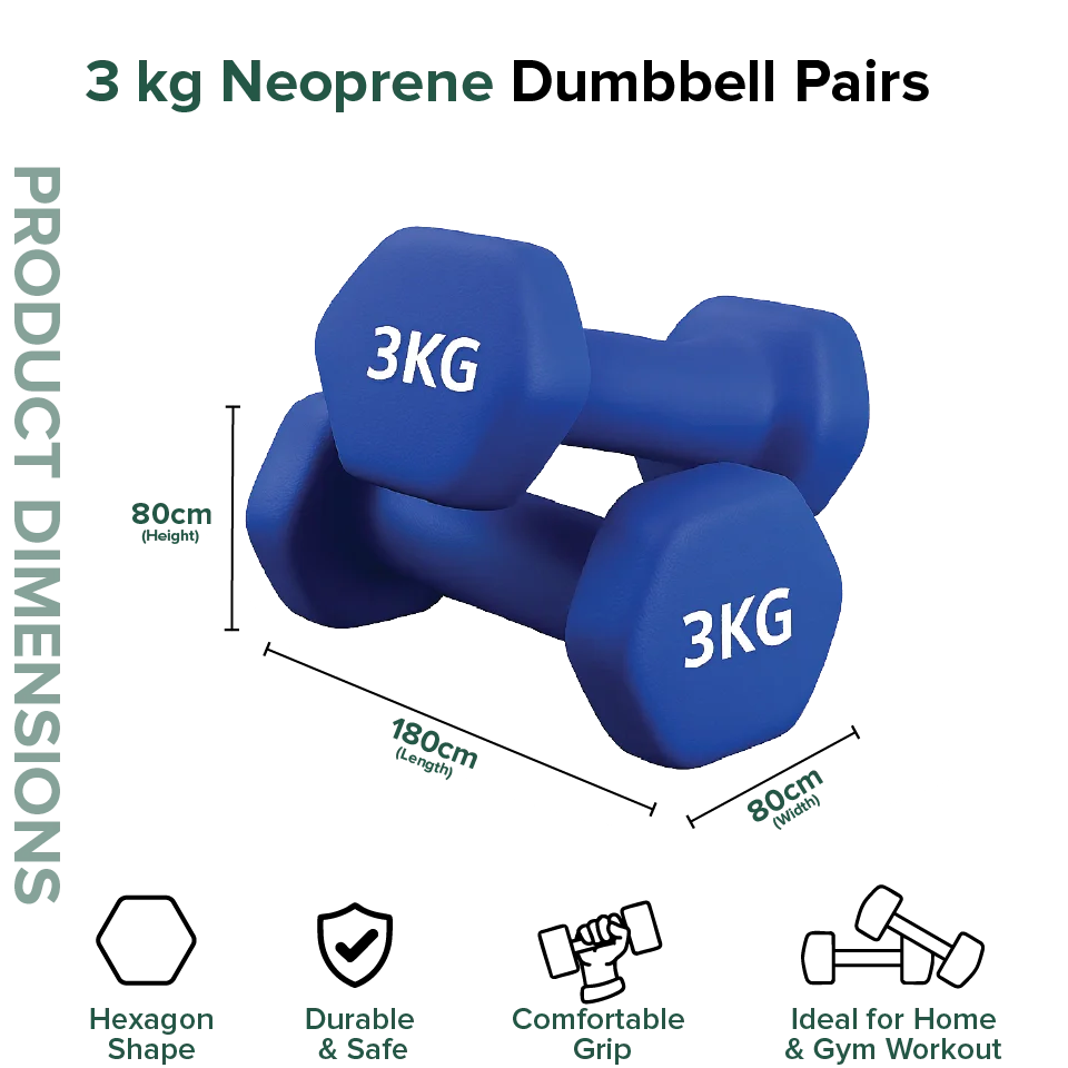 Blue 3 kg neoprene dumbbells with product dimensions and features on a white background