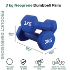 Blue 3 kg neoprene dumbbells with product dimensions and features on a white background