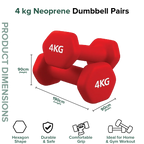 Red 4 kg neoprene dumbbells with dimensions and features on a white background