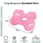 Pink 5 kg neoprene dumbbells with product dimensions and features on a white background