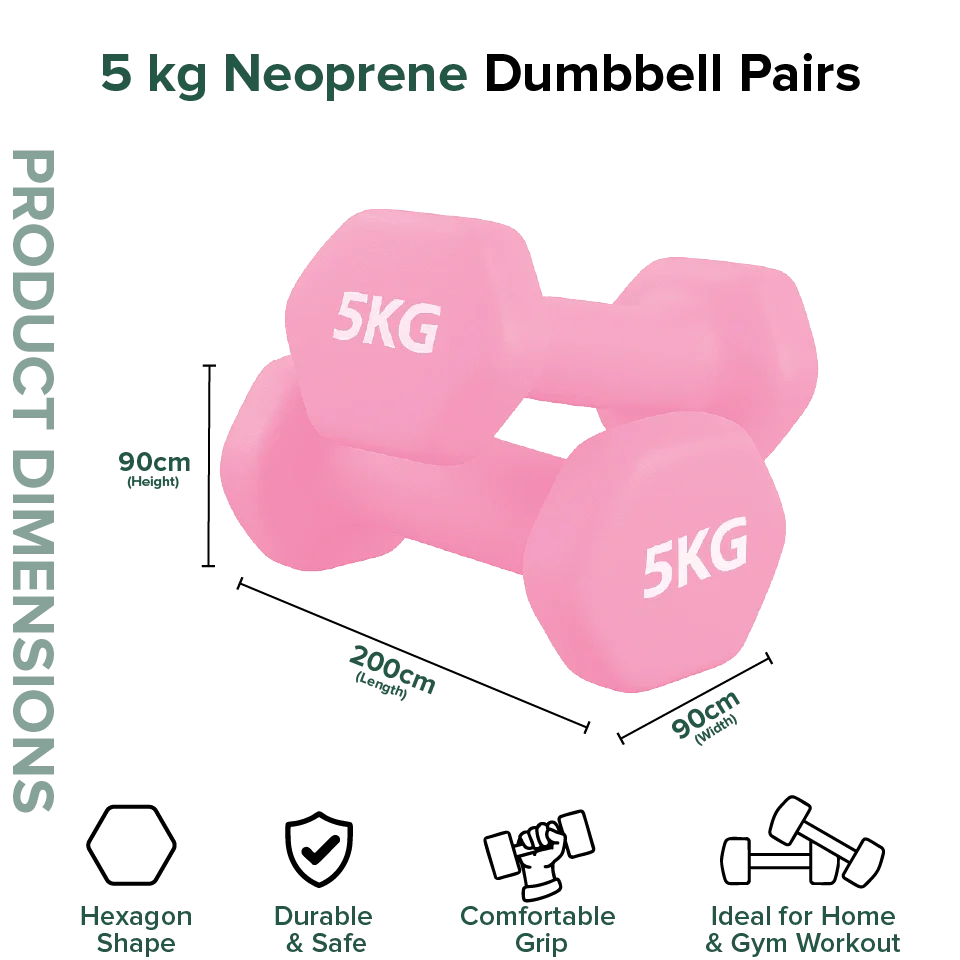 Pink 5 kg neoprene dumbbells with product dimensions and features on a white background