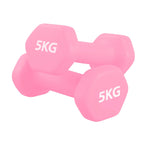 Pair of pink 5KG dumbbells on a white background