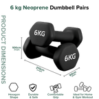 6 kg neoprene dumbbell pairs with product dimensions and features on a white background