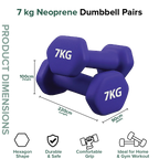 Purple 7 kg neoprene dumbbells with product dimensions and features on a white background