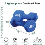 8 kg neoprene dumbbells with dimensions and features on a white background