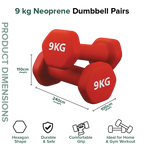 Red 9 kg neoprene dumbbells with product dimensions and features on a white background