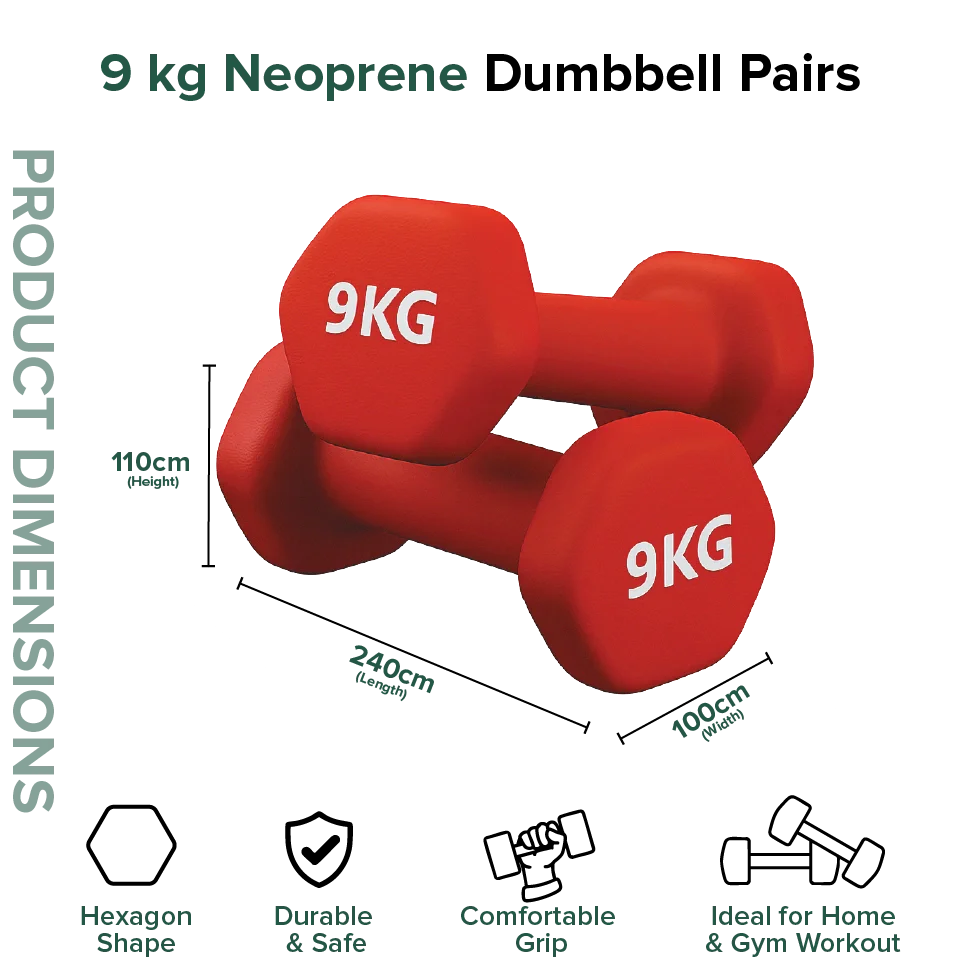 Red 9 kg neoprene dumbbells with product dimensions and features on a white background