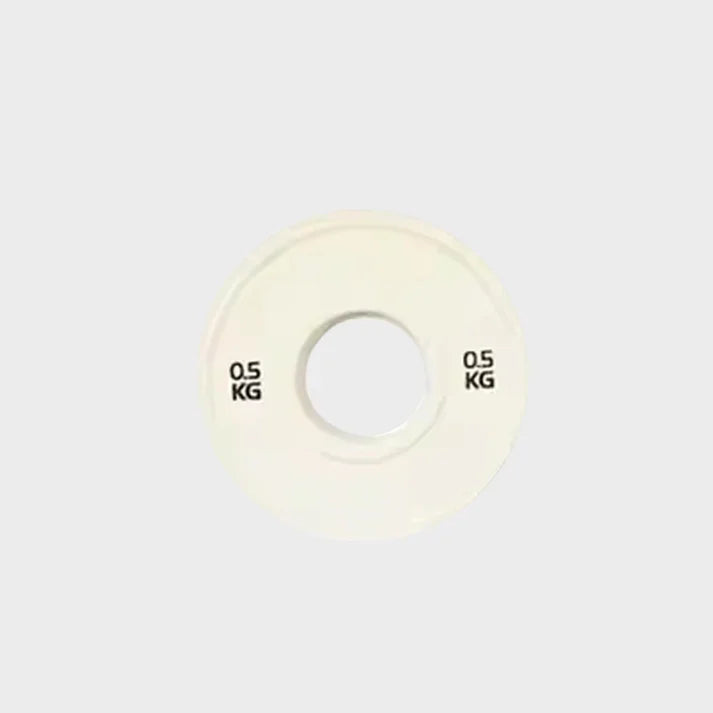 White weight plate with '0.5 KG' marking on a light gray background