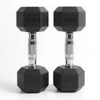 Pair of black hexagonal dumbbells with 50 kg markings on a white background
