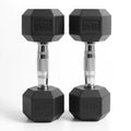 Pair of black hexagonal dumbbells with 5.5 kg marking on a white background