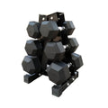 3 tier hex dumbbell tree rack, holds 3 pairs of rubber hex dumbbells