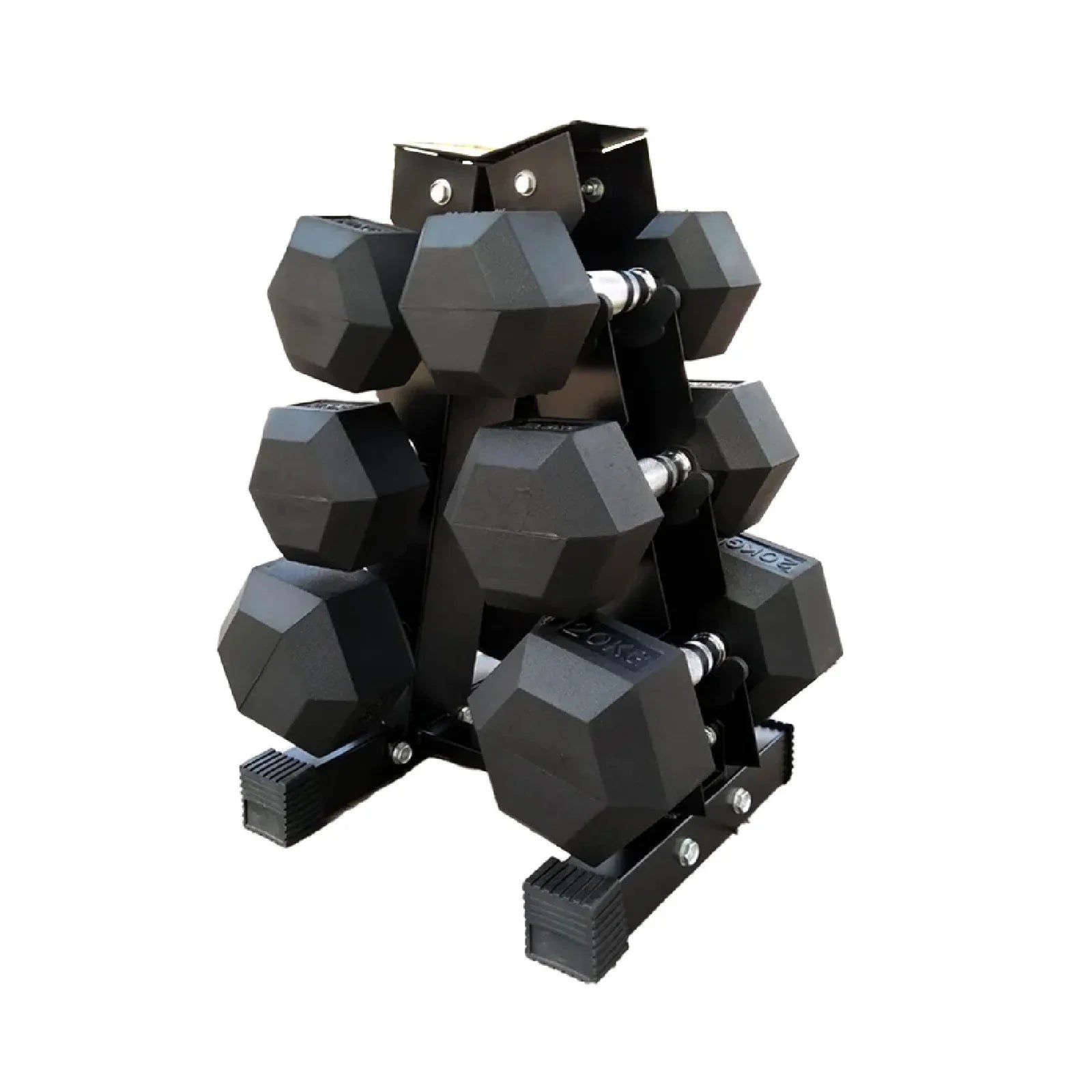 3 tier hex dumbbell tree rack, holds 3 pairs of rubber hex dumbbells
