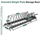 Extended Weight Plate Storage Rack with dimensions on a white background