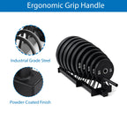 Black weight plate set with ergonomic grip handle, industrial grade steel, and powder-coated finish on a white background.