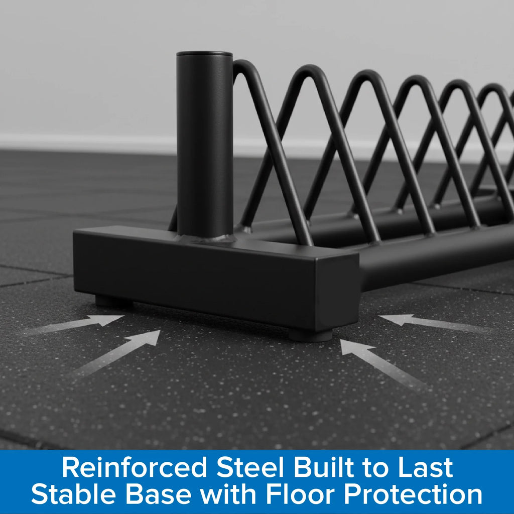Black metal security barrier with floor protection on a tiled floor.