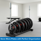 Weight plate storage system with weight plates on a stand in a gym setting