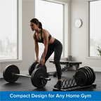Woman lifting weights in a home gym with text 'Compact Design for Any Home Gym'.