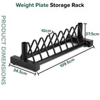 Black weight plate storage rack with dimensions labeled on a white background