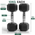 Two black dumbbells labeled '10KG' with measurements on a white background