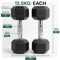 Pair of black hexagonal dumbbells with measurement details on a white background