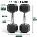 Two black dumbbells with measurement details on a white background