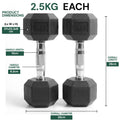Two 2.5kg dumbbells with dimensions and specifications displayed on a white background