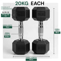 Pair of black hexagonal dumbbells with measurement details on a white background