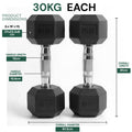 Two 30KG dumbbells with detailed measurements on a white background