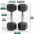Two 35KG dumbbells with dimensions and specifications on a white background