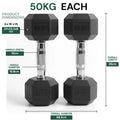 Two black dumbbells labeled '50KG' with dimensions and specifications on a white background.