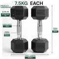 Two black dumbbells with measurement details on a white background