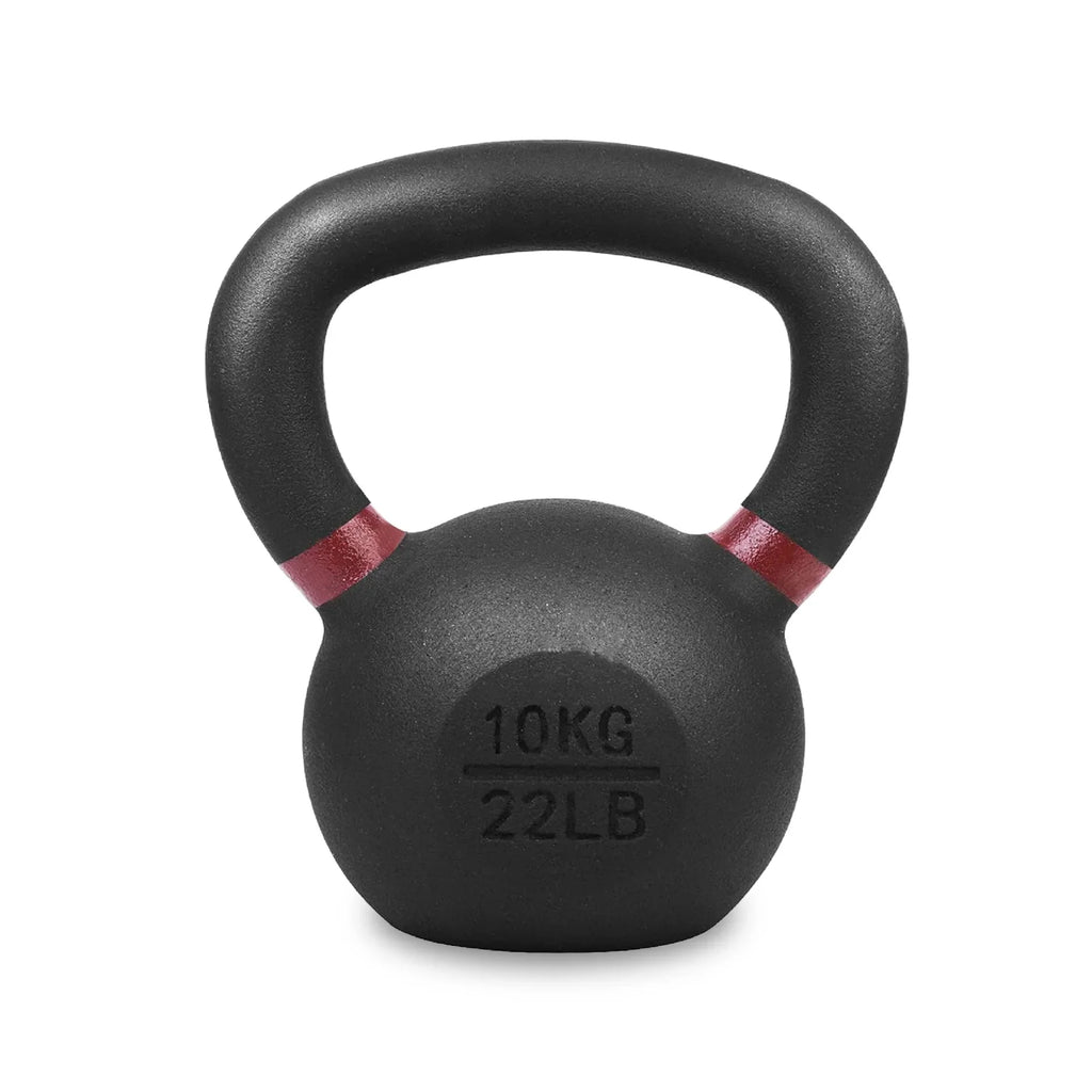 Black kettlebell with red accents and weight marking on a white background