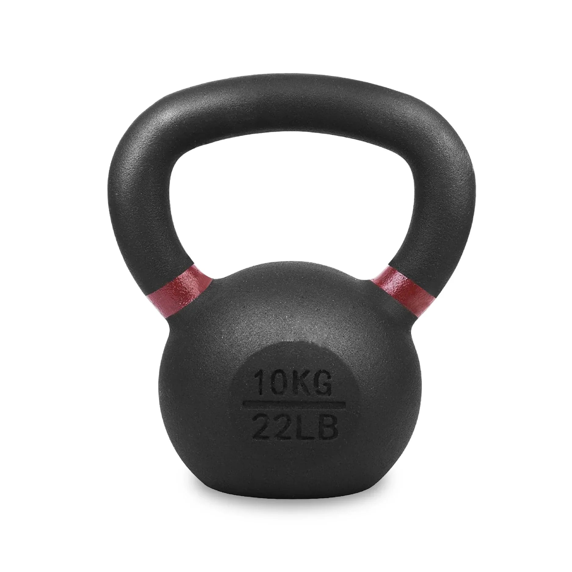 Black kettlebell with red accents and weight marking on a white background