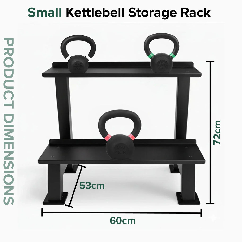 Small kettlebell storage rack with dimensions on a white background