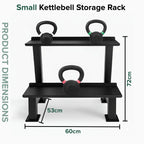 Small kettlebell storage rack with dimensions on a white background