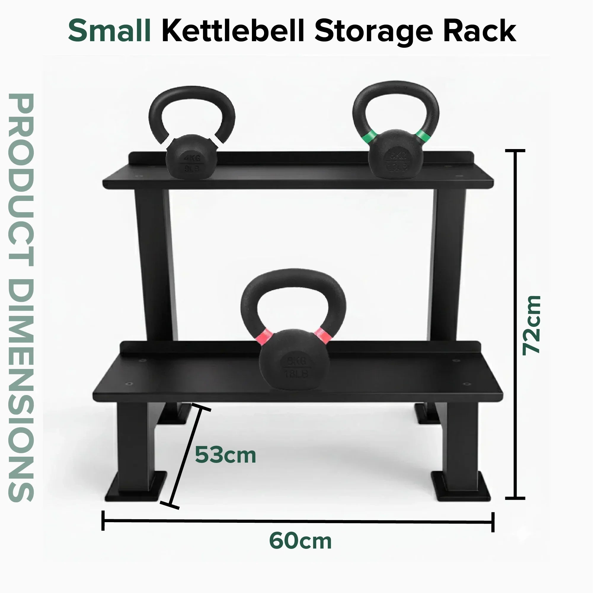 Small kettlebell storage rack with dimensions on a white background