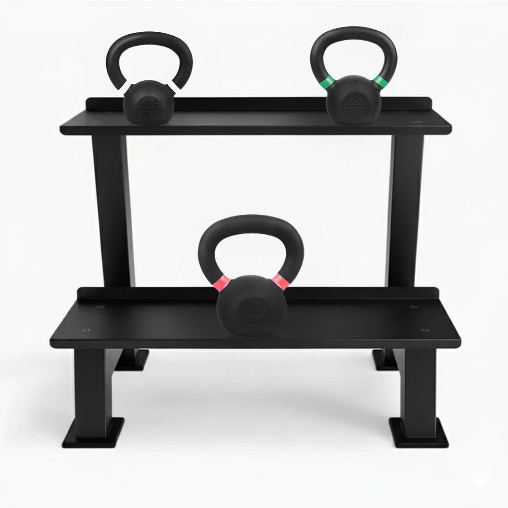 Black rack with three kettlebells on a white background