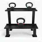 Black rack with three kettlebells on a white background