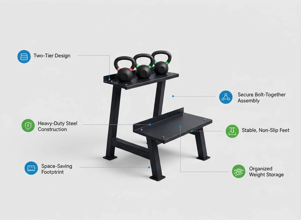 Black Kettlebell rack with kettlebell on a white background