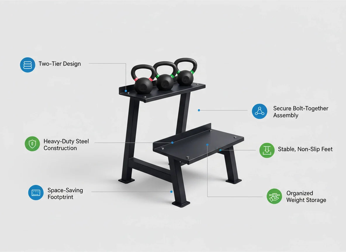 Black Kettlebell rack with kettlebell on a white background