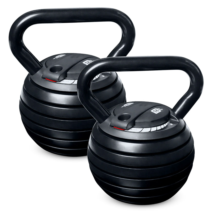 Pair of black adjustable dumbbells on a white background