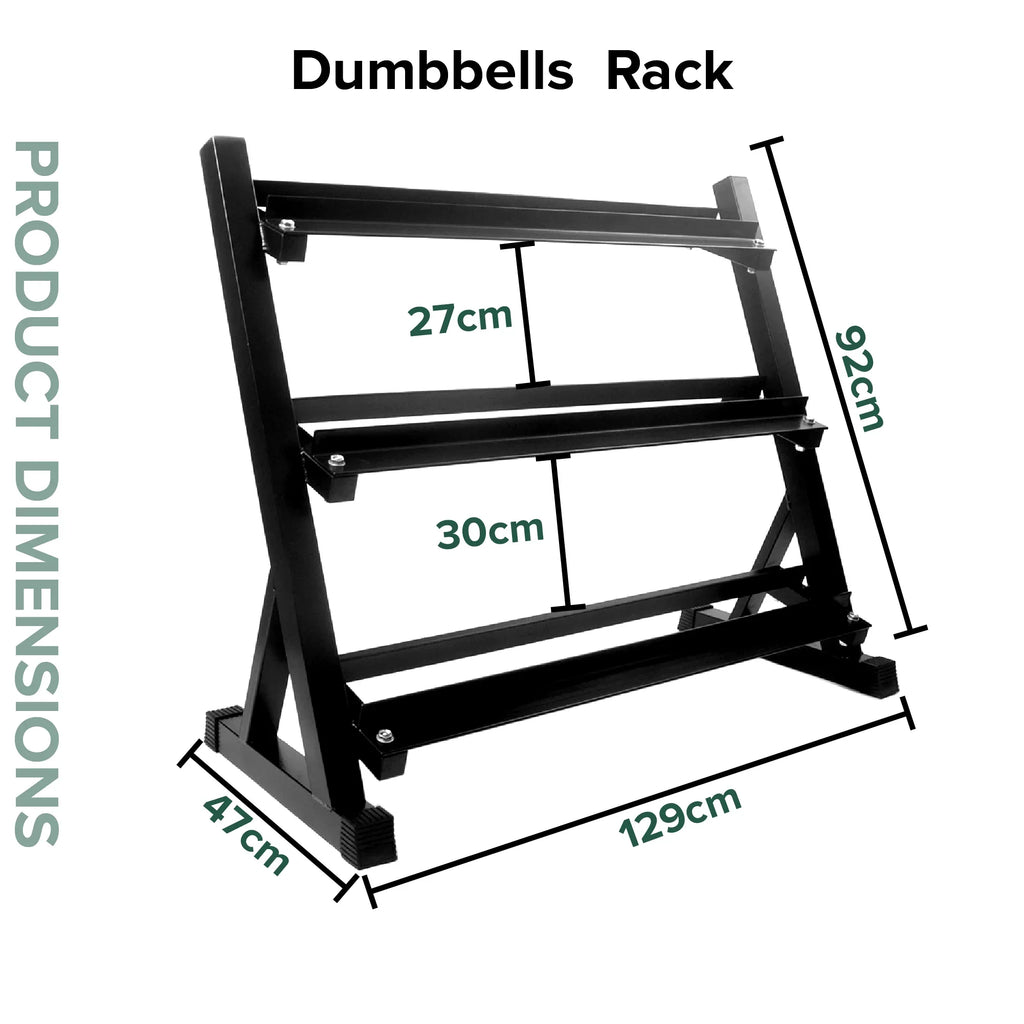 Dumbbells rack with dimensions labeled on a white background
