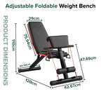Adjustable foldable weight bench with dimensions on a white background