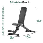 Adjustable bench with dimensions on a white background