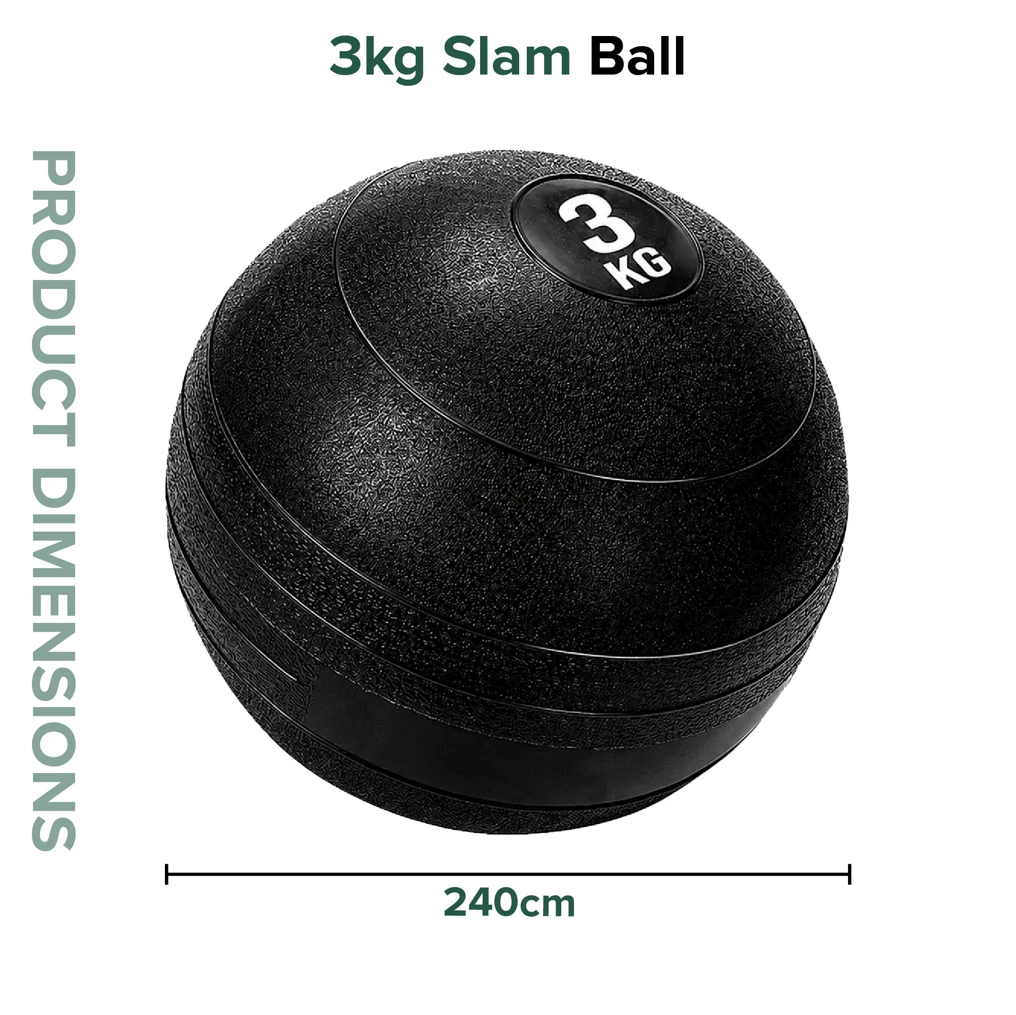Black slam ball with '3 kg' label and dimensions on a white background
