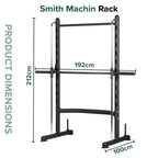 Smith Machine Rack with dimensions on a white background