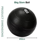 Black slam ball with '8kg' marking and dimensions on a white background