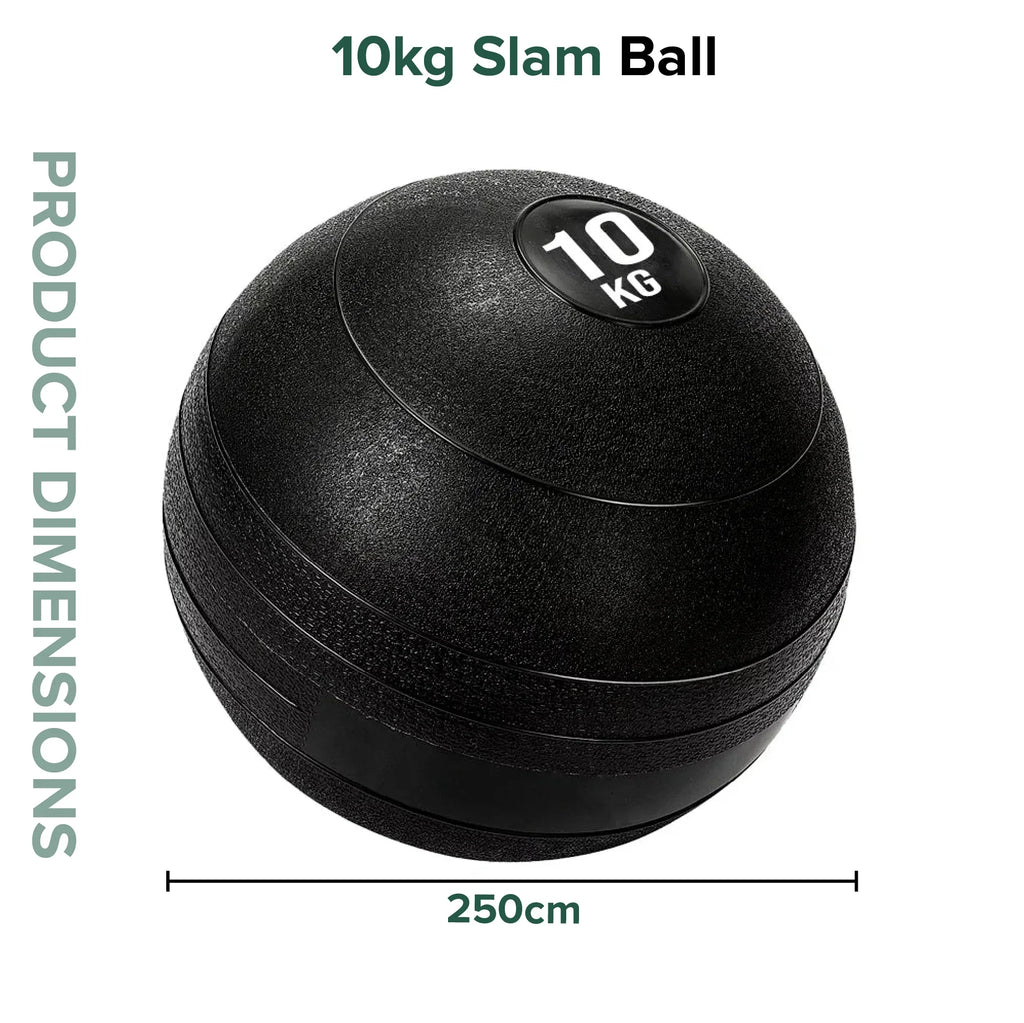 10kg slam ball with dimensions on a white background