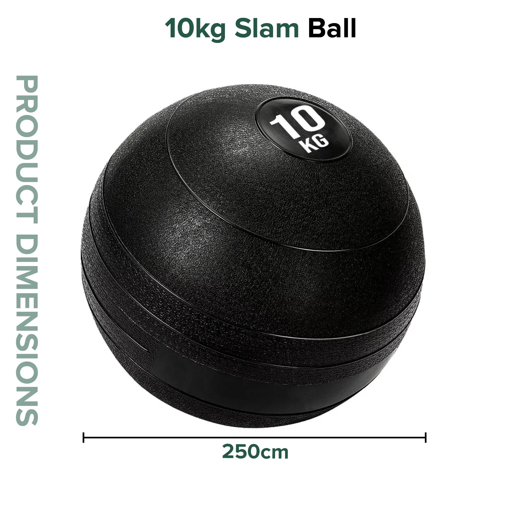 10kg slam ball with dimensions on a white background
